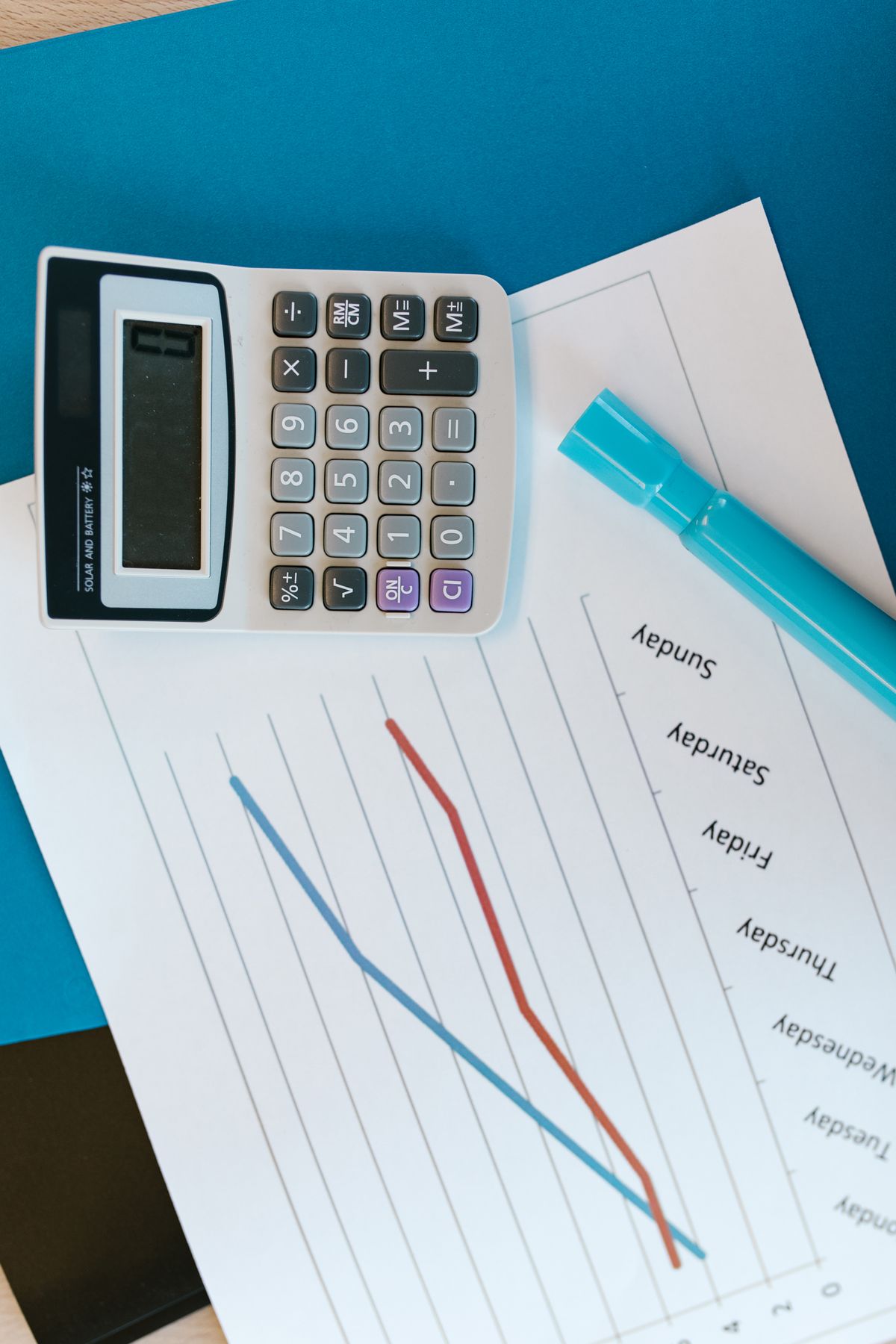 Calculadora e documentos financeiros sobre a mesa para calcular horas extras